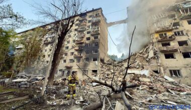 Russian missile attack on Kyiv kills 14 people and injures 44. A video from the scene shows that an entire entrance of a residential high-rise building in Kyiv has been destroyed. People may be trapped under the rubble.
