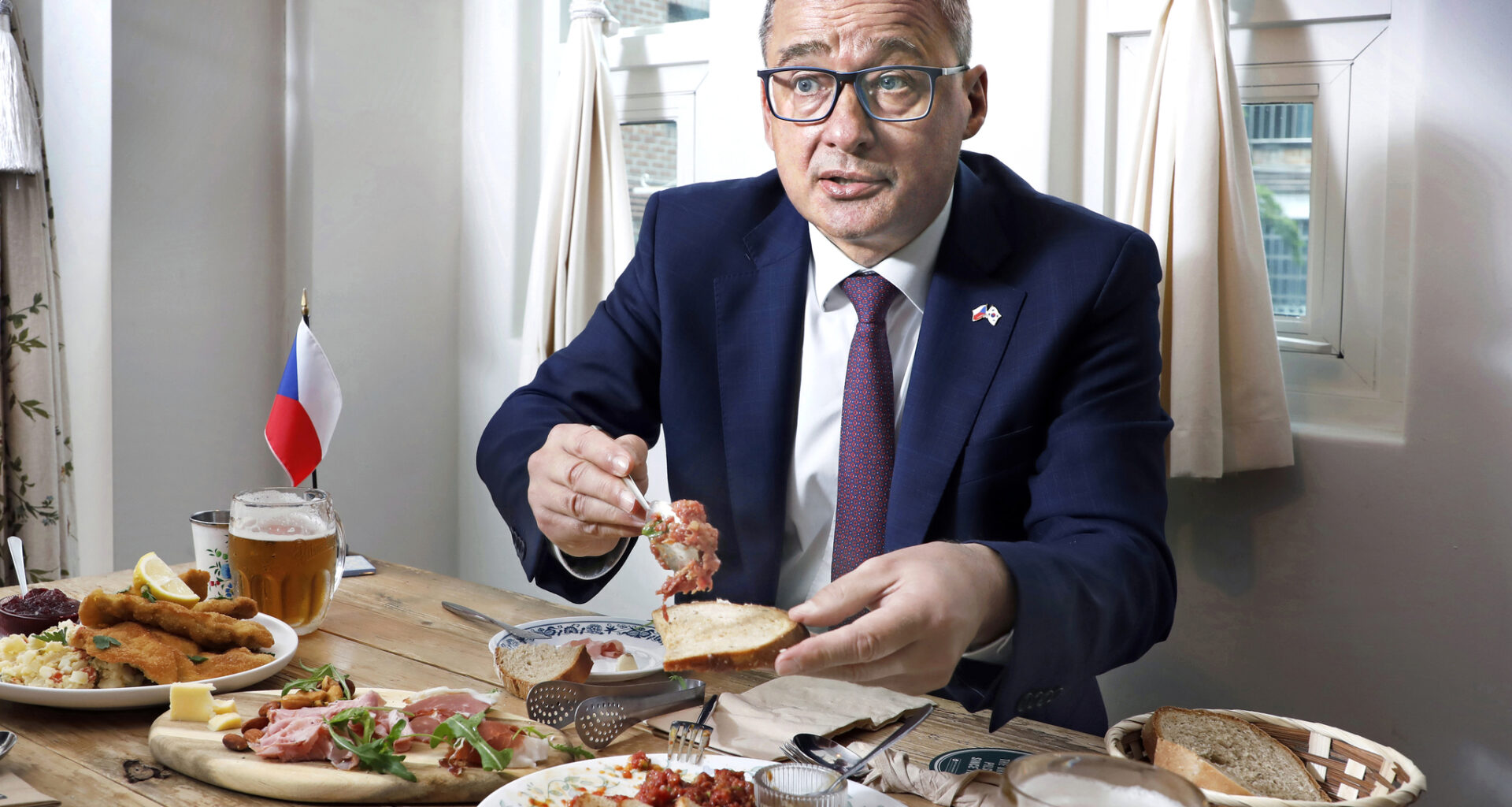 Czech Ambassador to Seoul Ivan Jancarek speaks about his favorite dishes at Moravia, a cozy Czech-Moravian restaurant in Mapo District, western Seoul, in an interview with the Korea JoongAng Daily on April 22. [PARK SANG-MOON]