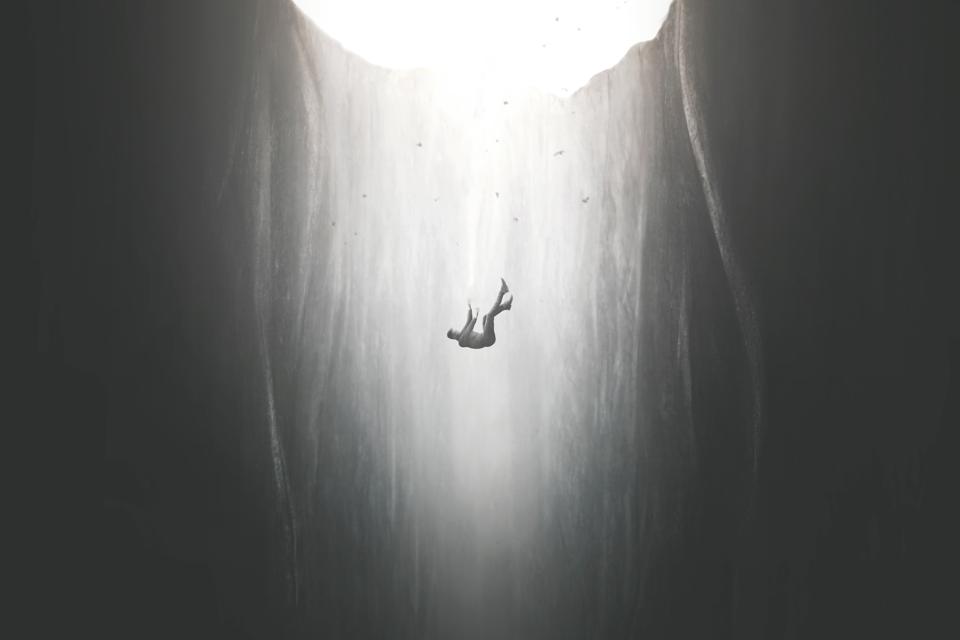Illustration of man free fall, surreal failure concept