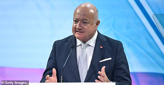 VIENNA, AUSTRIA - JUNE 03: Austrian Chancellor Christian Stocker speaks during the Austrian World Summit at Hofburg Congress Center on June 03, 2025 in Vienna, Austria. The Austrian World Summit is an annual climate conference which has taken place in Vienna since 2017. (Photo by Thomas Kronsteiner/Getty Images)