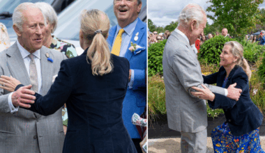 Duchess of Edinburgh stumbles during curtsy to King Charles in fashion mishap