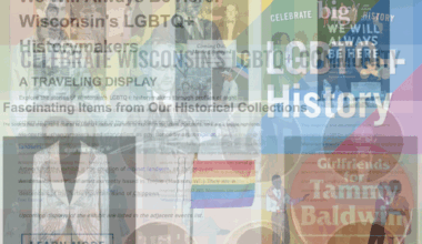 A superimposed collage of various headlines, article text, and illustrations from the Wisconsin Historical Society's LGBTQ History page. Some references include "Wisconsin's Gay History," "LGBTQ+ History," a book jacket for "We Will Always Be Here," illustrations of queer couples, and the pride flag.