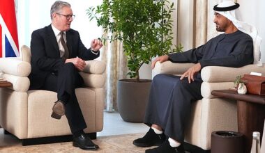Britain's Prime Minister Keir Starmer meets UAE President Sheikh Mohamed bin Zayed Al Nahyan at the Shati Palace in Abu Dhabi, United Arab Emirates on December 9, 2024 during his three day visit of United Arab Emirates, Saudi Arabia and Cyprus. (Photo by Kirsty Wigglesworth / POOL / AFP) (Photo by KIRSTY WIGGLESWORTH/POOL/AFP via Getty Images)