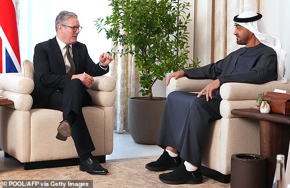 Britain's Prime Minister Keir Starmer meets UAE President Sheikh Mohamed bin Zayed Al Nahyan at the Shati Palace in Abu Dhabi, United Arab Emirates on December 9, 2024 during his three day visit of United Arab Emirates, Saudi Arabia and Cyprus. (Photo by Kirsty Wigglesworth / POOL / AFP) (Photo by KIRSTY WIGGLESWORTH/POOL/AFP via Getty Images)