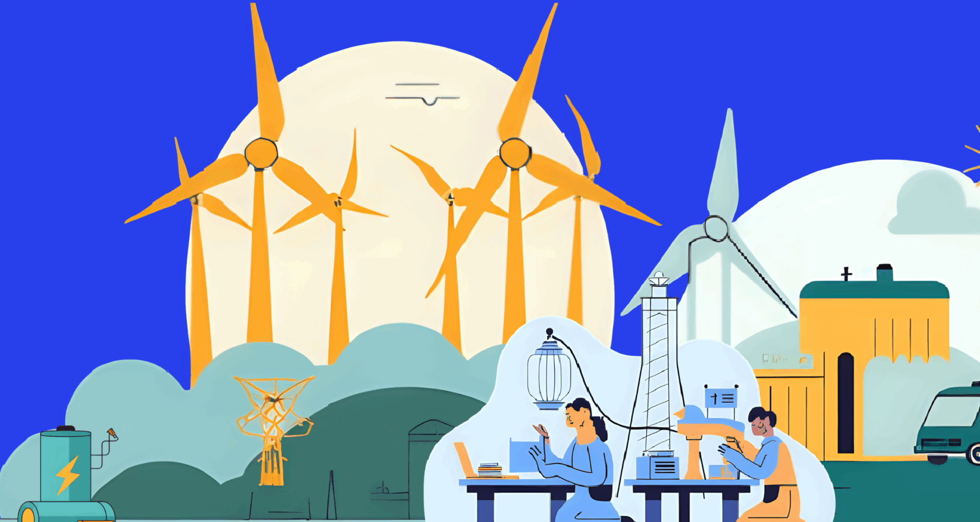 graphic of an energy generation centre, wind turbines and people working in a laboratory