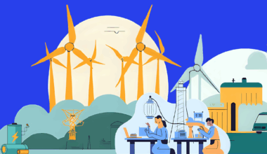 graphic of an energy generation centre, wind turbines and people working in a laboratory
