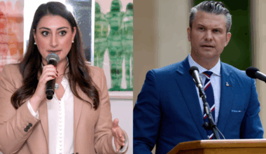 Split photo of Pete Hegseth and Congresswoman Sara Jacobs.