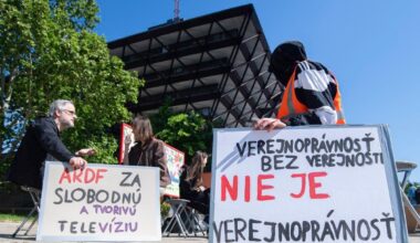 A protest organised by the Student Initiative for Open Culture, titled “About Us Without Us”, outside the Slovak Public Radio building in Bratislava on May 12, 2025.