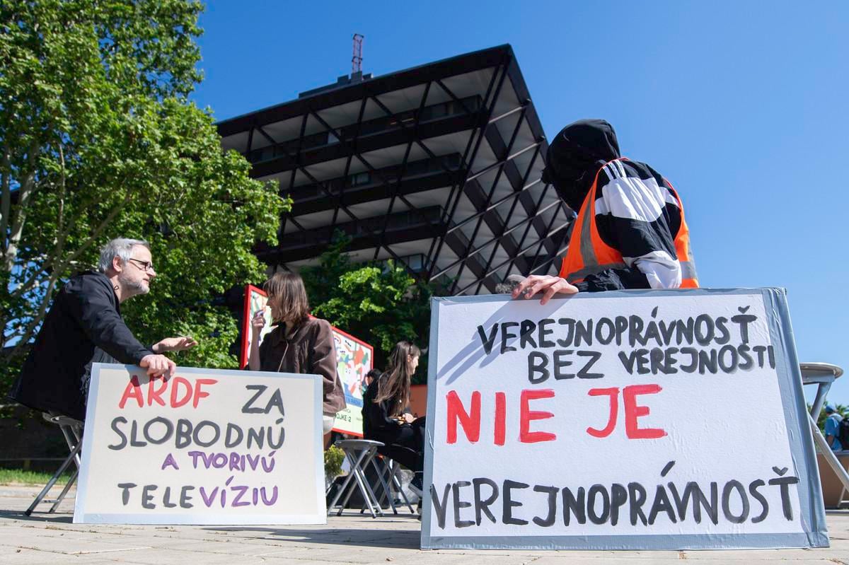 A protest organised by the Student Initiative for Open Culture, titled “About Us Without Us”, outside the Slovak Public Radio building in Bratislava on May 12, 2025.
