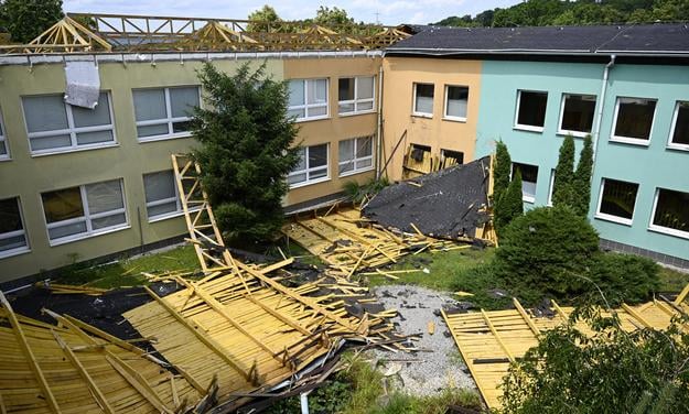 Strong wind damaged the roof the Teodor Jozef Mousson Primary School in Michalovce, eastern Slovakia, on Sunday, June 8. The town declared emergency.
