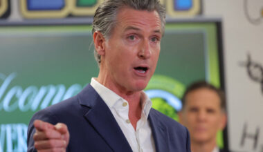 California Governor Newsom speaks at the Clinton Elementary School, in Compton