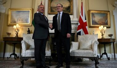 Britain's Prime Minister Keir Starmer, right, and Jordan's King Abdullah at a meeting inside 10 Downing Street, London, on June 5, 2025