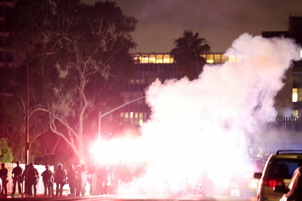 Protest following multiple detentions in downtown Los Angeles 
