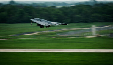B-2 Spirit stealth bomber takes off at Whiteman Air Force Base in April 2025
