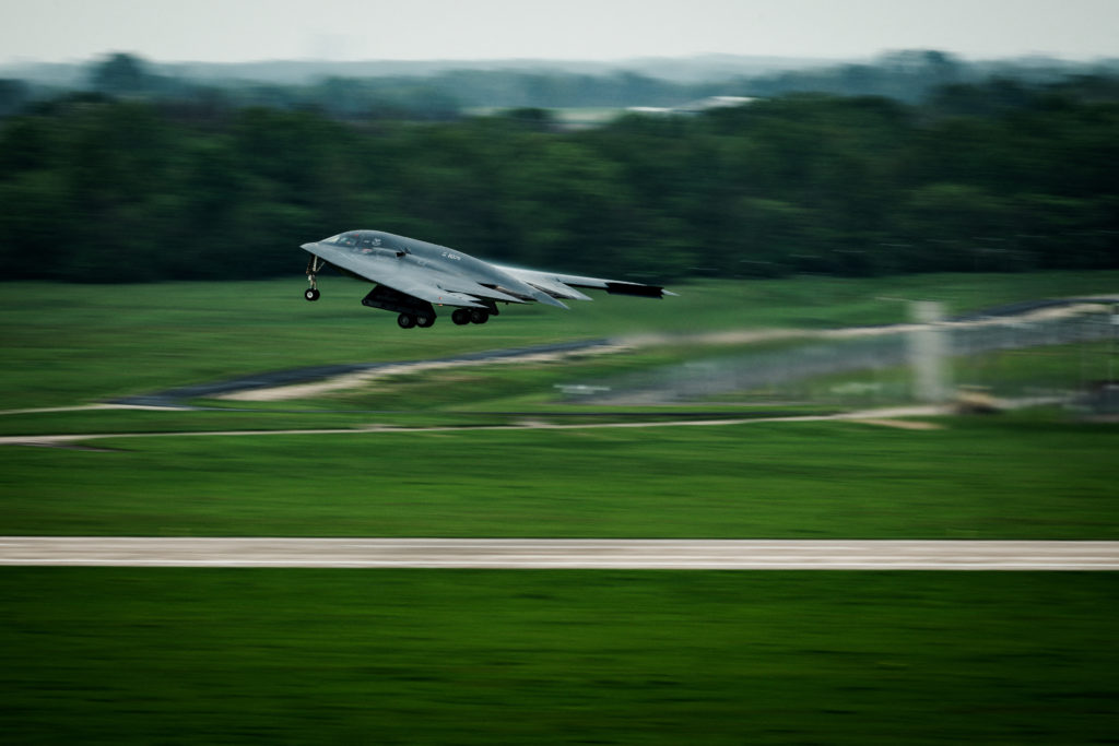 B-2 Spirit stealth bomber takes off at Whiteman Air Force Base in April 2025