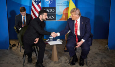 U.S. President Trump and Ukraine's President Zelenskiy attend a meeting on the sidelines of NATO summit in The Hague