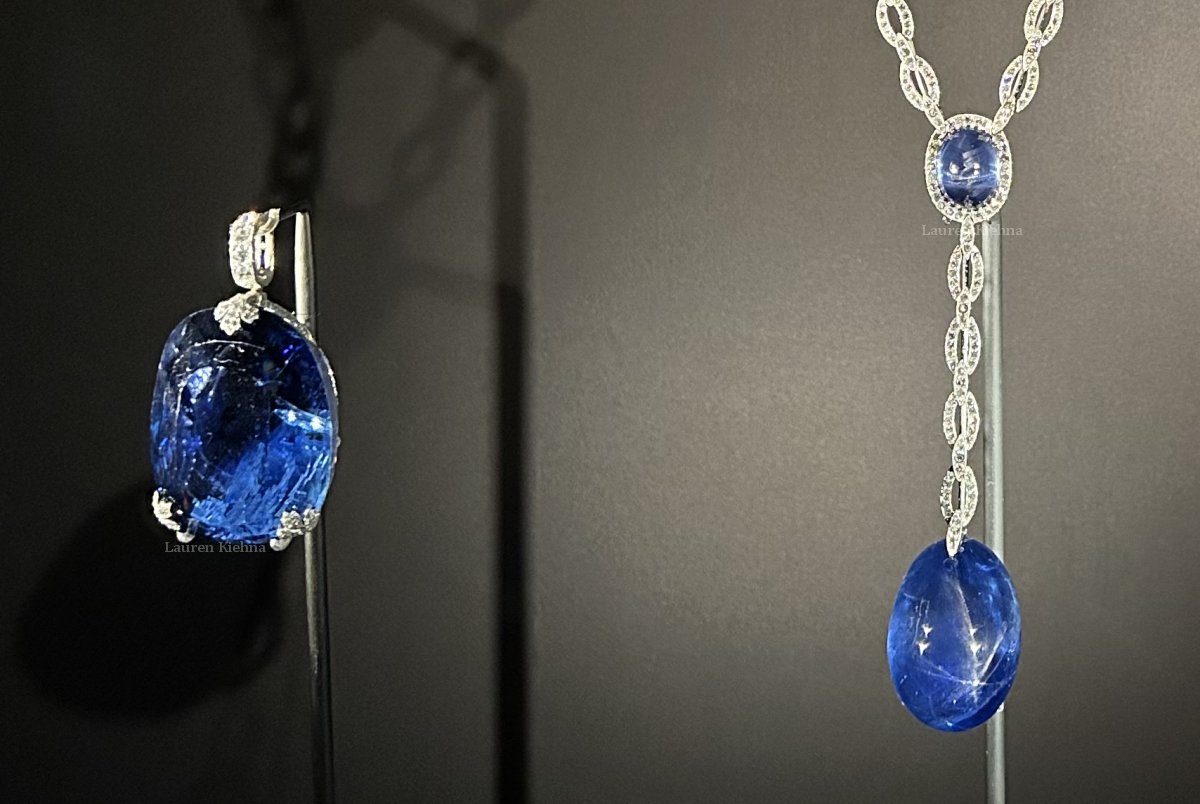 Sapphire and diamond jewels from the collection of Queen Marie of Romania and Grand Duchess Victoria Feodorovna of Russia, on display in the Cartier exhibition at the Victoria & Albert Museum in London, April 2025 (Photo © Lauren Kiehna)