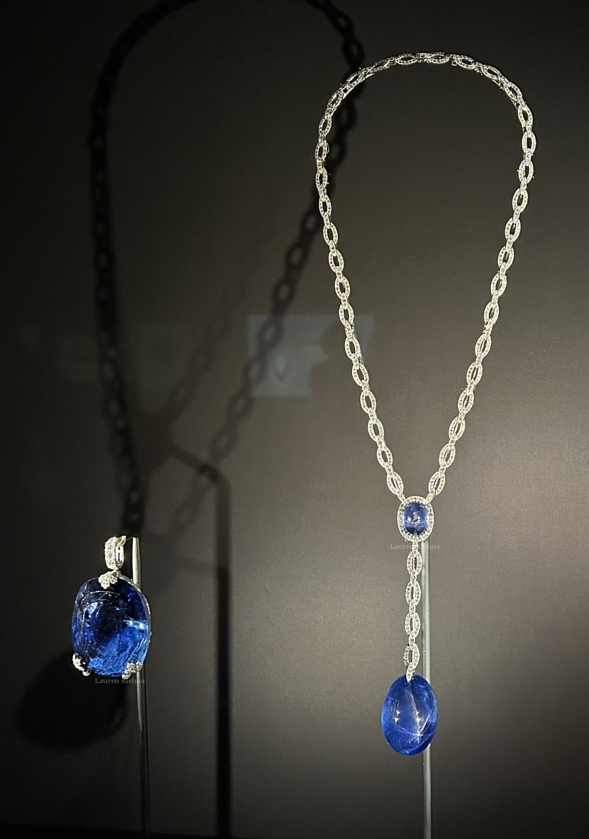 Sapphire and diamond jewels from the collection of Queen Marie of Romania and Grand Duchess Victoria Feodorovna of Russia, on display in the Cartier exhibition at the Victoria & Albert Museum in London, April 2025 (Photo © Lauren Kiehna)