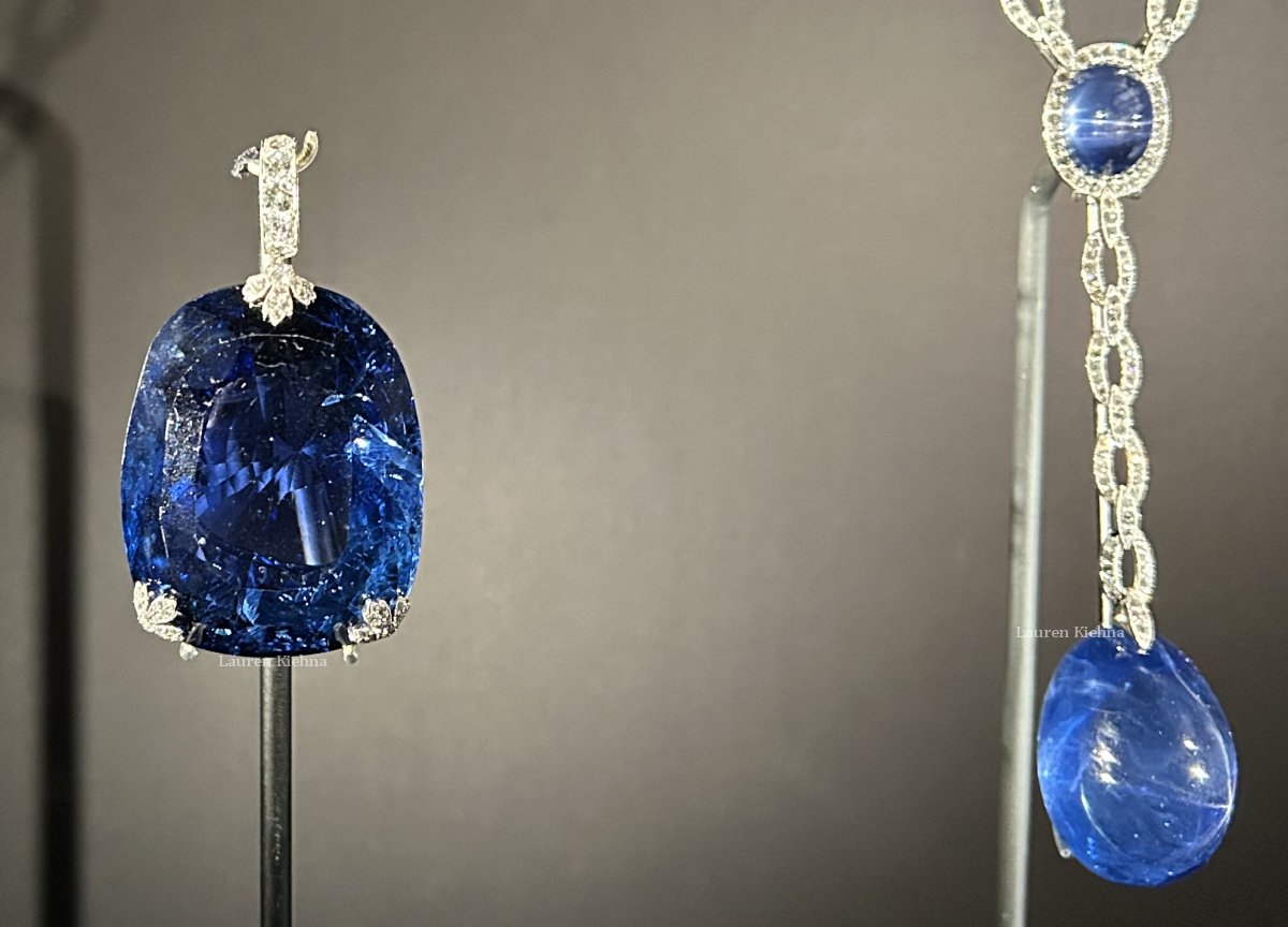 Sapphire and diamond jewels from the collection of Queen Marie of Romania and Grand Duchess Victoria Feodorovna of Russia, on display in the Cartier exhibition at the Victoria & Albert Museum in London, April 2025 (Photo © Lauren Kiehna)