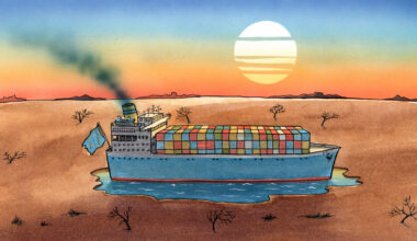 A container ship with a European flag stuck in a puddle in the middle of the desert.