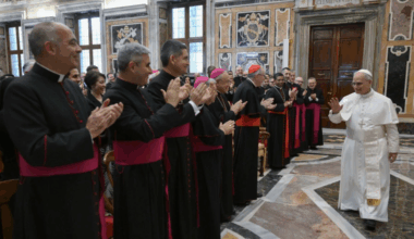 Pope Leo XIV greets members of the Vatican Secretariat of State on June 5, 2025, at the Vatican.