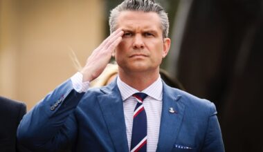 U.S. Defense Secretary Pete Hegseth salutes during a ceremony at the U.S. cemetery to commemorate the 81st anniversary of the D-Day landings on June 6 in Colleville-sur-Mer, Normandy.