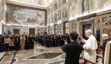 Pope Leo XIV meets with delegates to the annual meeting of moderators of associations of the faithful, ecclesial movements, and new communities on June 6, 2025, at the Vatican.