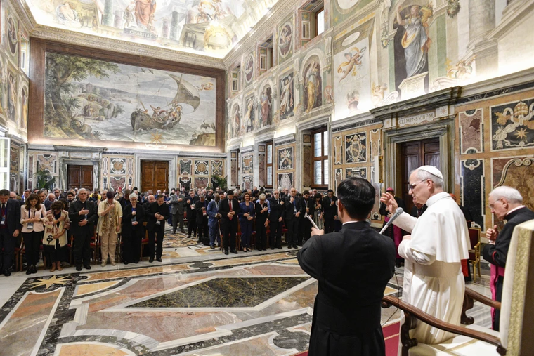 Pope Leo XIV meets with delegates to the annual meeting of moderators of associations of the faithful, ecclesial movements, and new communities on June 6, 2025, at the Vatican.