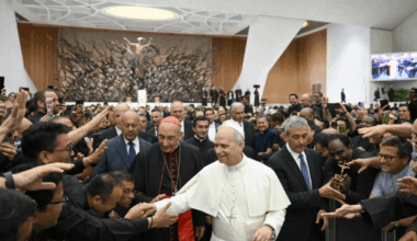 Pope Leo XIV meets with priests of Rome in the Vatican’s Paul VI Hall on Thursday, June 12, 2025.