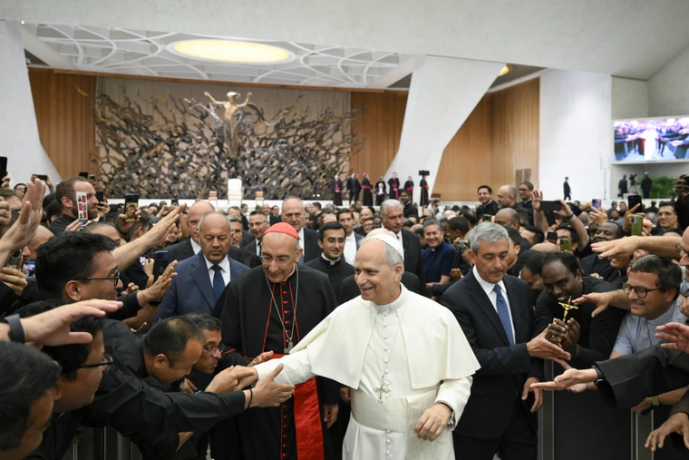 Pope Leo XIV meets with priests of Rome in the Vatican’s Paul VI Hall on Thursday, June 12, 2025.