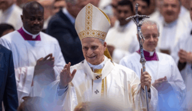 Pope Leo XIV waves to those gathered for Mass for the Jubilee of Sport on the Solemnity of the Most Holy Trinity on June 15, 2025, in St. Peter’s Basilica at the Vatican.