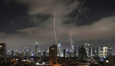 Israel’s Iron Dome air defence system fires to intercept missiles over Tel Aviv