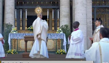 Pope Leo XIV blesses the faithful with the Blessed Sacrament outside of St. Mary Major in Rome, following Holy Mass and a Eucharistic procession through the streets of Rome.