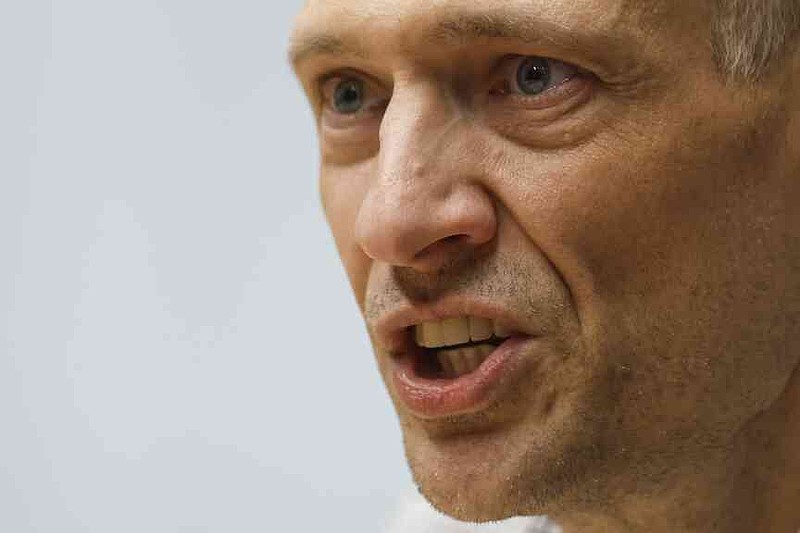 Syarhei Tsikhanouski, a Belarusian opposition activist released from a prison by Belarusian authorities, speaks during an interview with the Associated Press in Vilnius, Lithuania, Sunday, June 22, 2025. (AP Photo/Mindaugas Kulbis)