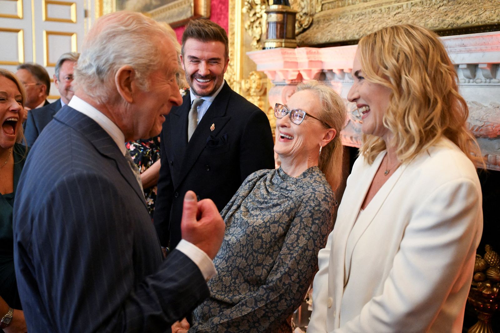 Image may contain Charles Prince of Wales Kate Winslet Meryl Streep David Beckham Alan Titchmarsh Face and Happy