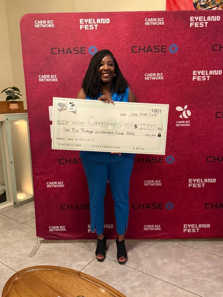 Founder and CEO of Vibe Connections Ltd Amina Blake-Foreman, displays her winning cheque at the CBN X USC 2025 Business Pitch Competition which took place at The Se7en, Washington Ave, Brooklyn, New York on June 22. - 