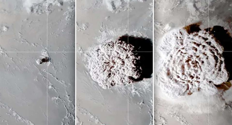 Three side-by-side photos showing the increasing plume of smoke and debris rising from the Hunga Tonga volcanic eruption in 2022.