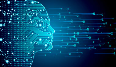 An AI face in profile against a digital background.