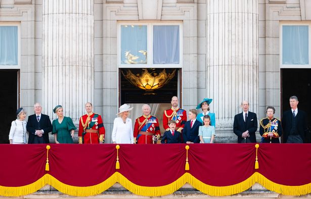 LONDON, ENGLAND - JUNE 14: Birgitte, Duchess of Gloucester, Prince Richard, Duke of Gloucester, Sophie, Duchess of Edinburgh, Prince Edward, Duke of Edinburgh, Queen Camilla, King Charles III, Prince Louis of Wales, Prince William, Prince of Wales, Prince George of Wales, Catherine, Princess of Wales, Princess Charlotte of Wales, Prince Edward, Duke of Kent, Princess Anne, Princess Royal and Vice Admiral Sir Timothy Laurence during Trooping The Colour 2025 on June 14, 2025 in London, England. Trooping The Colour is a ceremonial parade celebrating the official birthday of the British Monarch. The event features over 1,400 soldiers and officers, accompanied by 200 horses. More than 400 musicians from ten different bands and Corps of Drums march and while performing. (Photo by Samir Hussein/WireImage)