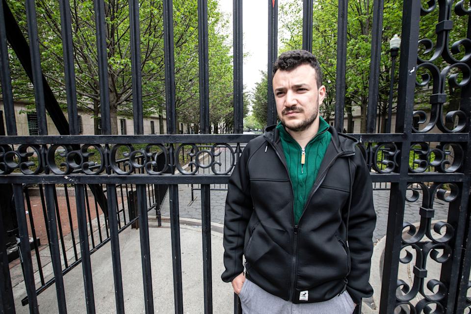 Mahmoud Khalil, 29, a graduate student at Columbia University, was notified by the school that he has been suspended. He stood outside the gates of the campus in Manhattan April 30, 2024.