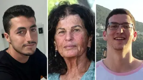 Reuters A composite image of Yonatan Samerano, Ofra Keidar and Sgt Shai Levinson. Ofra is looking directly at the camera, has black frizzy hair and earrings. To the right is Yonatan who is wearing a black t-shirt while Levinson has spectacles and is smiling directly at the camera.