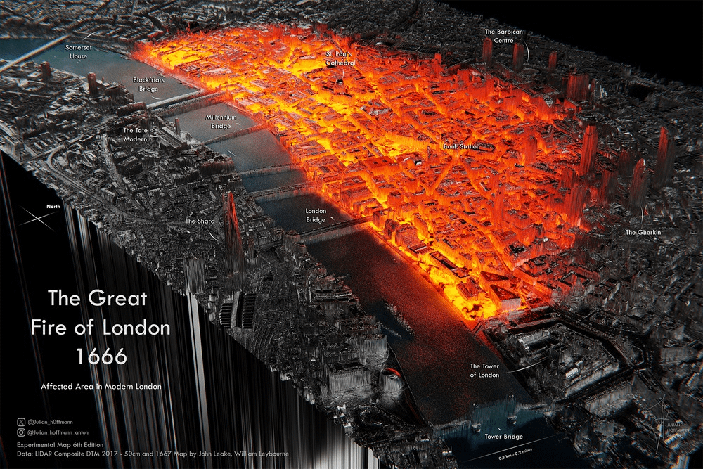 The Great Fire of London overlaid on modern London