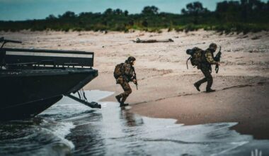 Ukrainian personnel from the 30th Marine Corps - of the Ukrainian Marines Corps - undergo landing and anchoring training using Swedish CB90-class fast assault boats.