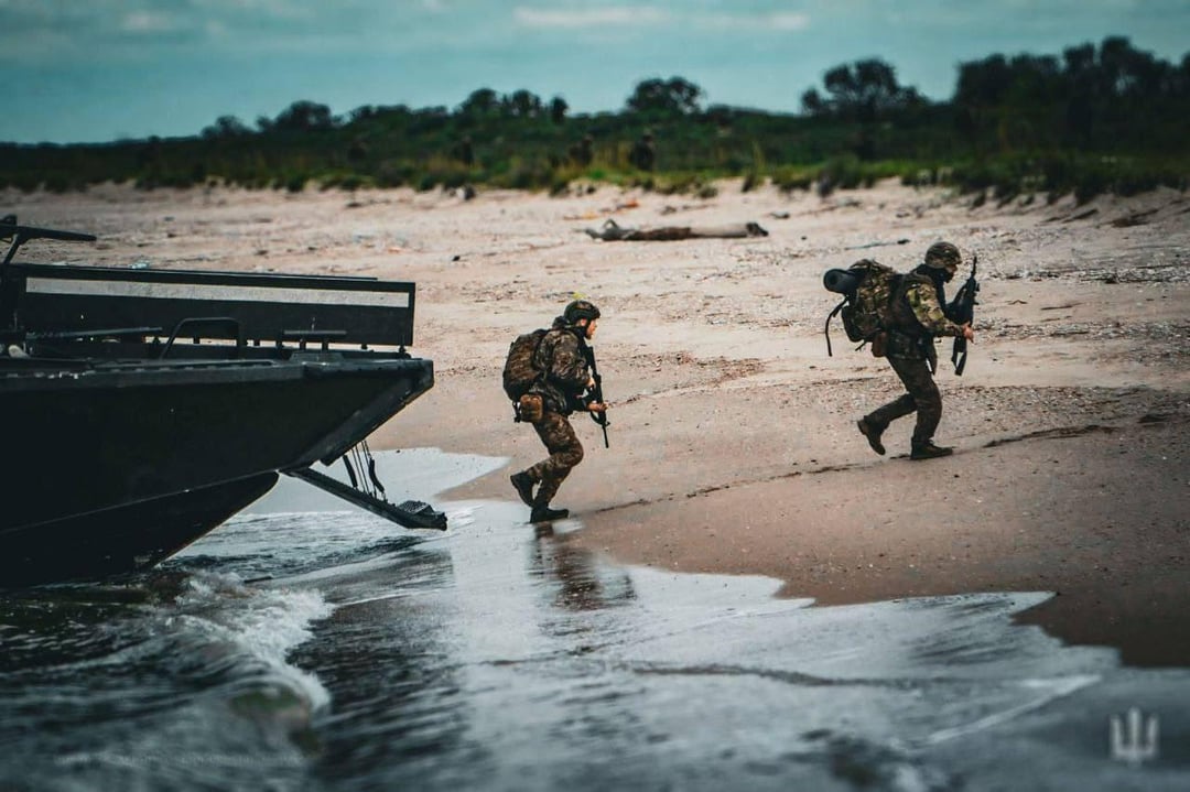 Ukrainian personnel from the 30th Marine Corps - of the Ukrainian Marines Corps - undergo landing and anchoring training using Swedish CB90-class fast assault boats.