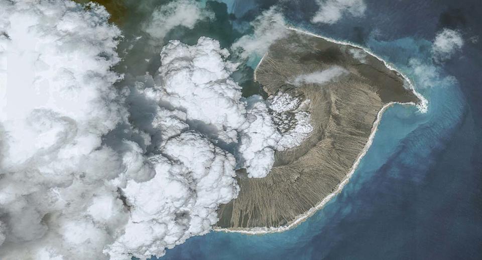An aerial satellite view of Hunga Tonga-Hunga Ha'apai in December 2021, a month before the eruption.