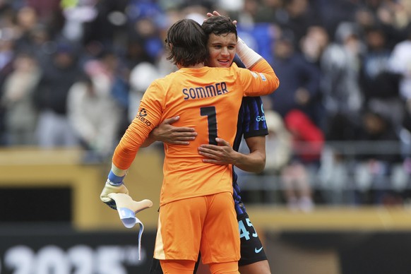 Inter Milan's Yann Sommer, front, and Valentin Carboni celebrate at the end of the Club World Cup Group E soccer match between Inter Milan and Urawa Red Diamonds in Seattle, Saturday, June 21, 20 ...