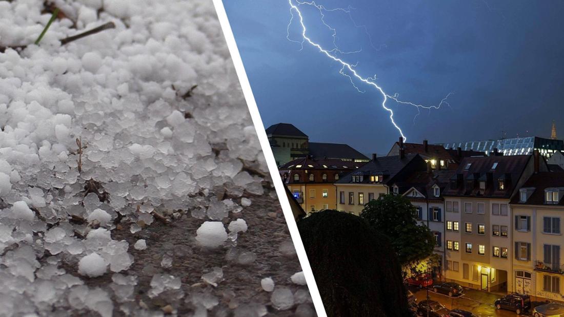 Graupel auf dem Boden, daneben ein Blitz am Himmel