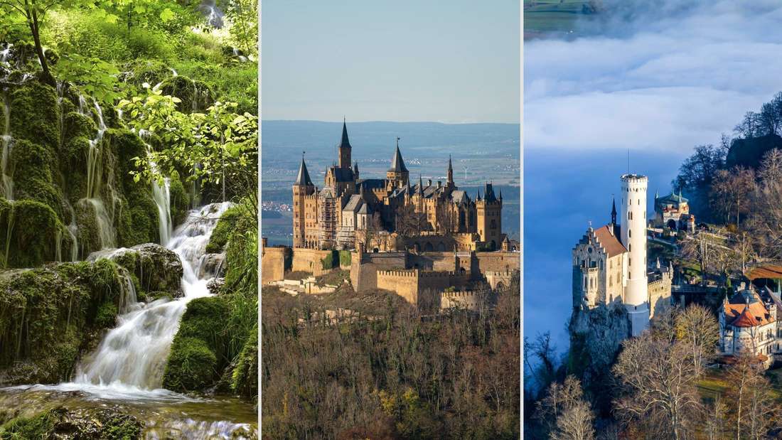 Dreier-Montage: Uracher Wasserfälle, Burg Hohenzollern, Schloss Lichtenstein