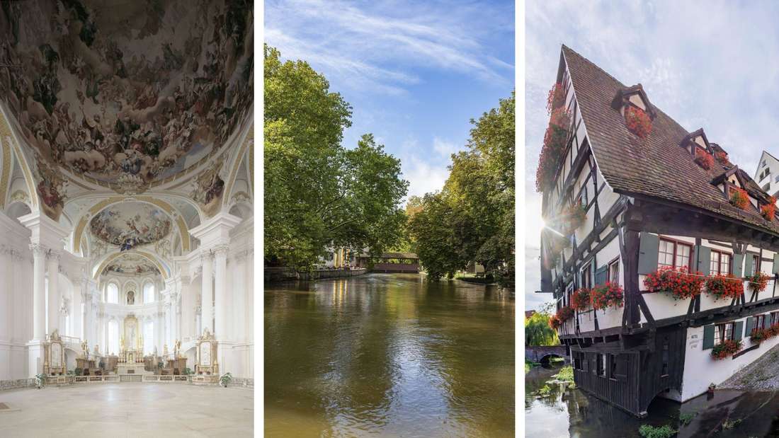 Fotomontage zeigt das Deckenfresko der Klosterkirche Neresheim, die Aachquelle und das schiefste Hotel der Welt in Ulm