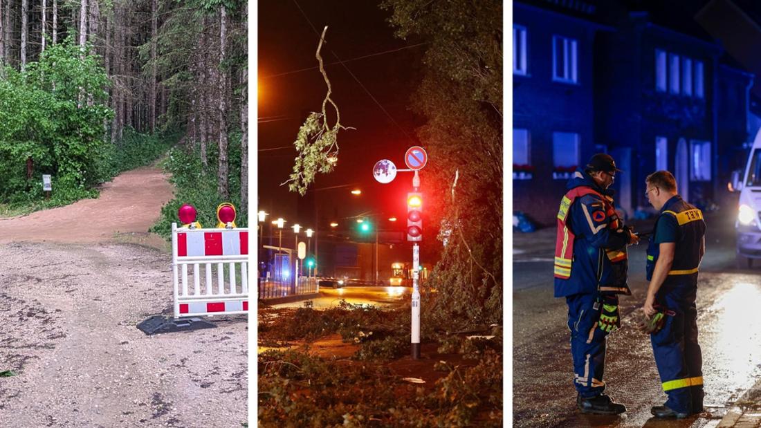 Unwetter in Deutschland: Ein überfluteter Waldweg, abgebrochene Äste von Bäumen auf einer Straße und zwei Einsatzkräfte des THW